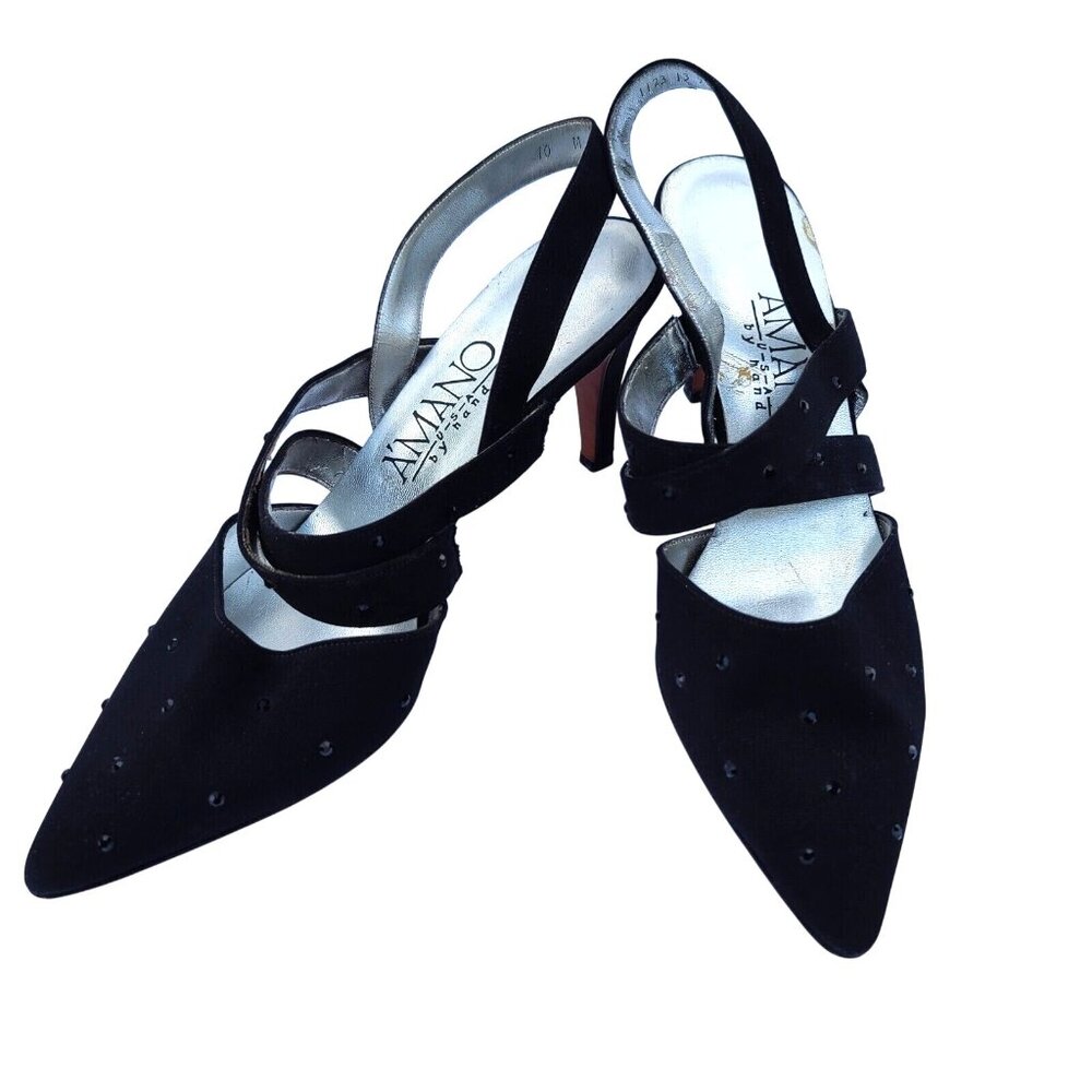 Vtg Amano Handmade Fabric Beaded Slingback 3.5" Heels Sz 10 Leather Sole Pointed